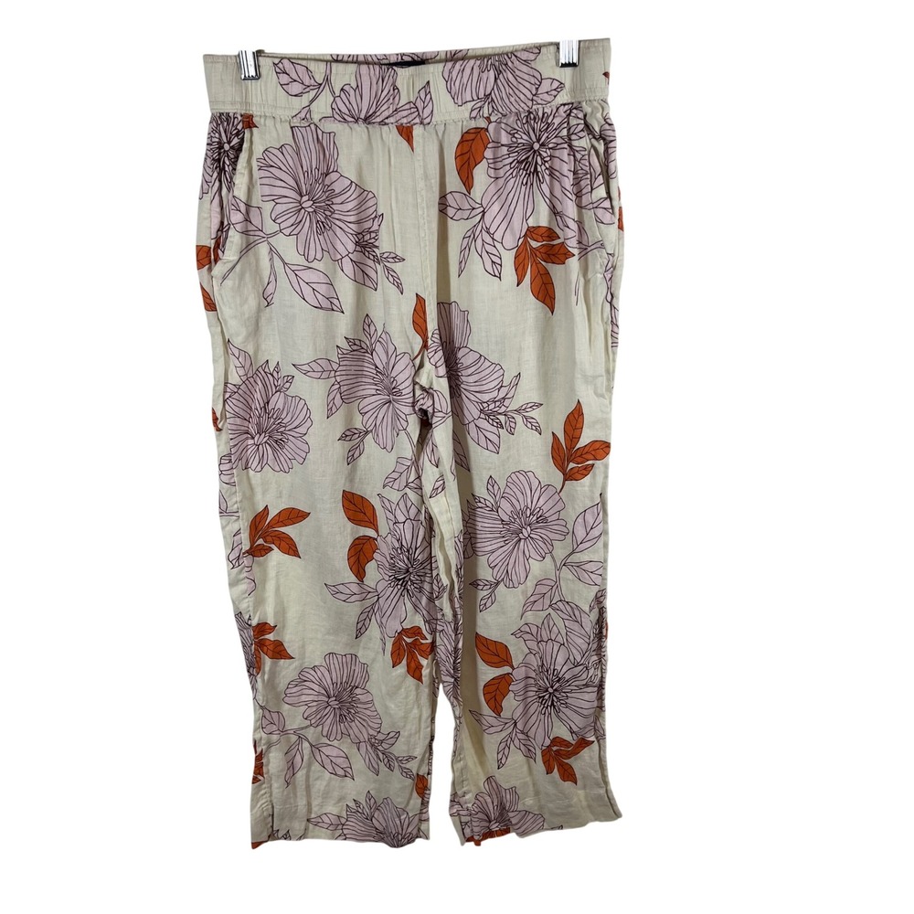 Rachel Rachel Roy Womens Floral Linen Pants Cream Purple Orange Elastic Waist‎ L